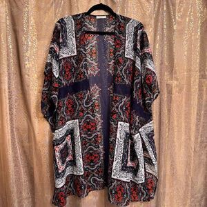 Maurices Red Navy Blue White Print Sheer Lightweight Boho Kimono L/XL